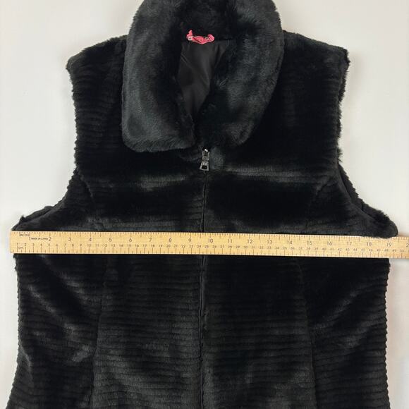 Liz Claiborne Petite M Black Ribbed Faux Fur Full Zip Reversible Vest Pockets - Picture 9 of 10